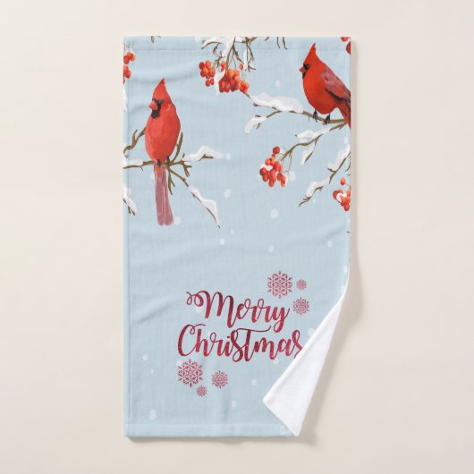 Oiseaux cardinaux rouges Arbres Neige Noël (Serviette à main)