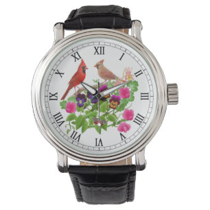 Oiseaux cardinaux sur la montre de fleurs de
