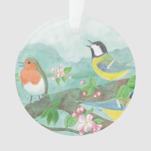 Oiseaux chantant sur une branche d'arbre fleurissa (devant)