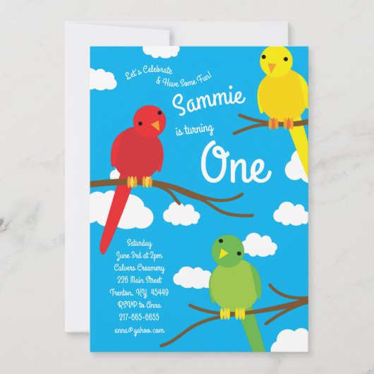 Oiseaux colorés 1er anniversaire Invitations (Devant)