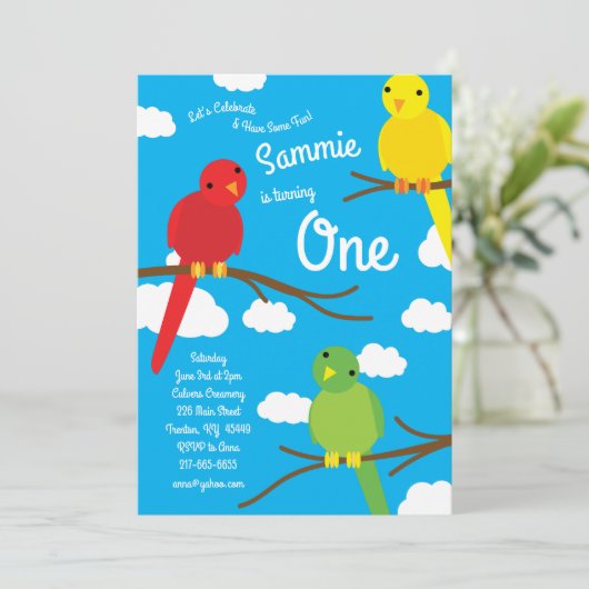 Oiseaux colorés 1er anniversaire Invitations (Debout devant)