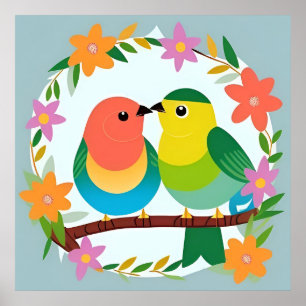Oiseaux Colorés Branche Art Mural Jolie Nature