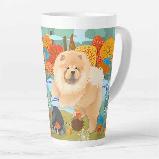 OISEAUX DE BONHEUR Chow Latte Mug avec texte (Angle droit)