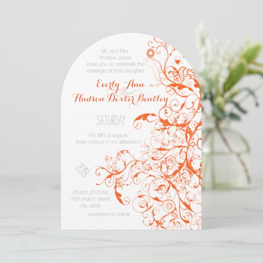 Oiseaux de corail orange et tourbillons Invitation (Debout devant)