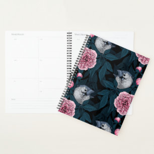 Oiseaux et fleurs de pivoines roses avec feuille