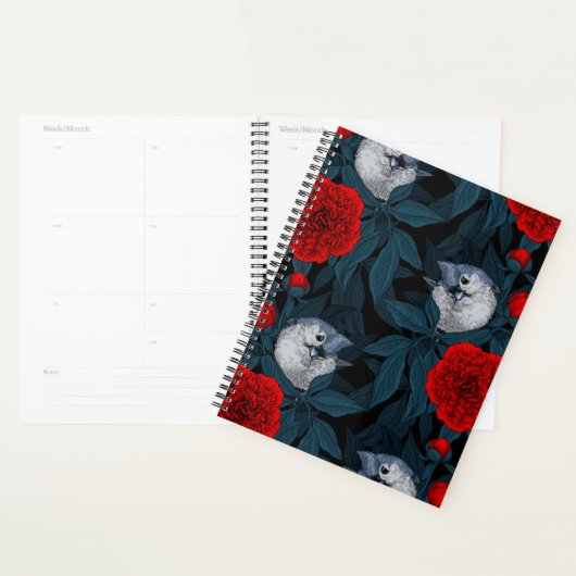 Oiseaux et fleurs de pivoines rouges avec feuilles (Devant avec enveloppe)