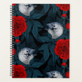 Oiseaux et fleurs de pivoines rouges avec feuilles (Devant)