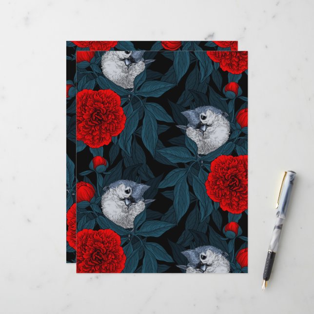 Oiseaux et fleurs de pivoines rouges avec feuilles (Devant/Arrière en situation)