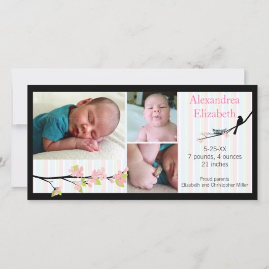 Oiseaux et fleurs en Faire-part de naissance photo (Devant)