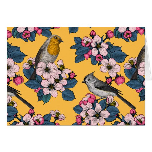 Oiseaux et fleurs sur le jaune (Devant horizontal)