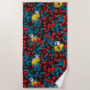 Oiseaux et hanches roses chien, serviette de plage