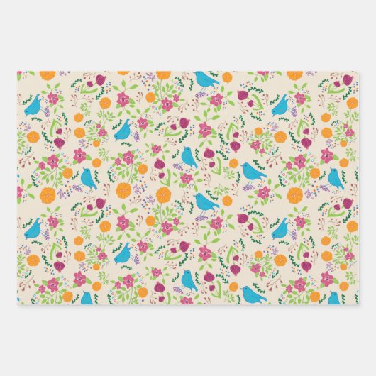 Oiseaux Fleurs Envelopper Papier Feuille plate Ens (Devant)
