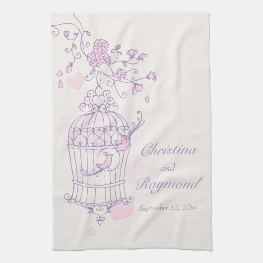 Oiseaux rose violet mariage garde serviette de cui (Vertical)
