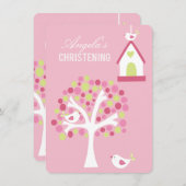 Oiseaux roses et arbre Baptême Baptême Invitation  (Devant / Derrière)