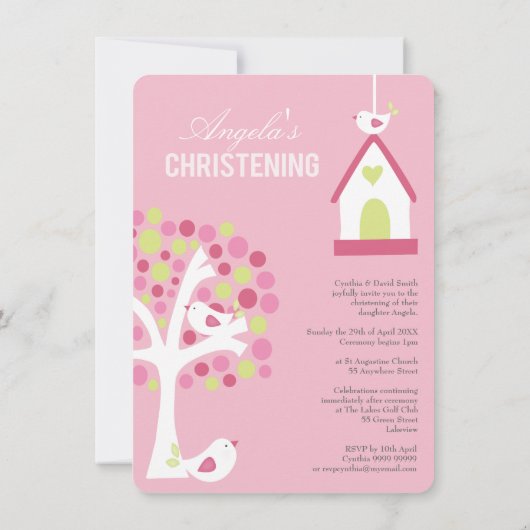 Oiseaux roses et arbre Baptême Baptême Invitation (Dos)