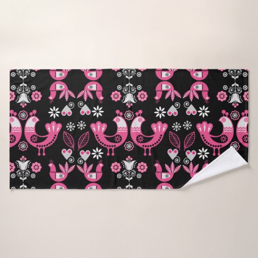Oiseaux roses et blancs du folklore scandinave (Serviette de bain)