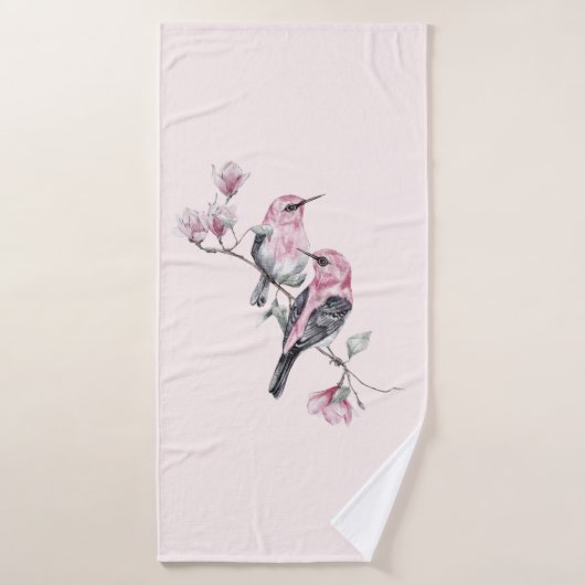 Oiseaux roses et noirs sur une branche d'arbre (Serviette de bain)