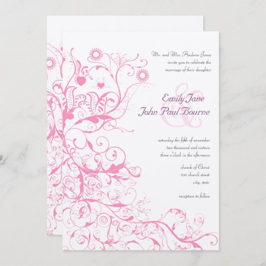 Oiseaux roses et tourbillons Invitations de mariag (Devant / Derrière)