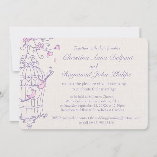 Oiseaux roses pourpres faire-part de mariage en ca (Dos)