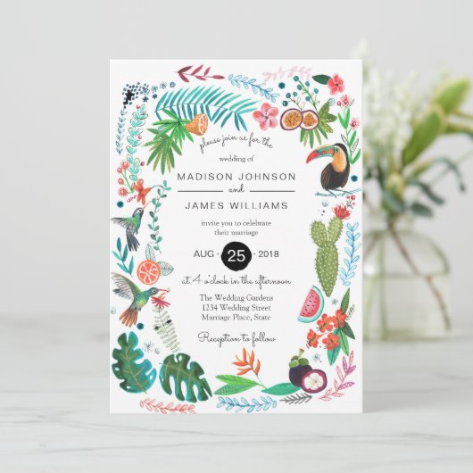 Oiseaux tropicaux d'été | Invitations de mariage (Debout devant)