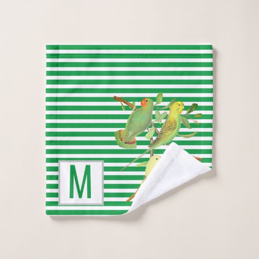 Oiseaux tropicaux en bandes blanches vertes -monog (Gant de toilette)