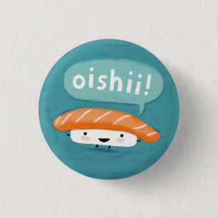 Oishii Sushi   Karakter van Kawaii Salmon Sashimi Ronde Button 3,2 Cm