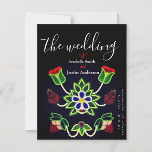 Ojibwe Floral Strawberry Black Wedding Invitation Kaart