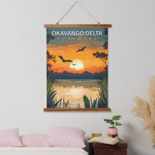 Okavango Delta – Retro Reisposter van Botswana Hangend Wandkleed