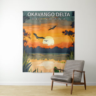 Okavango Delta – Retro Reisposter van Botswana Wandkleed