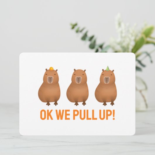 "Oké, we trekken omhoog!" Capybara Meme Feestdagenkaart (Staand voorkant)