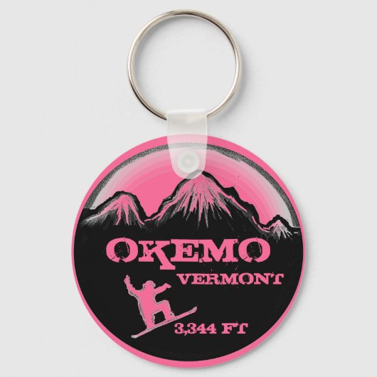 Okemo Vermont roze sleutelhanger voor snowboardkun (Voorkant)