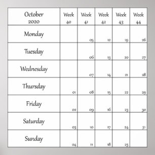oktober 2020 planner kalender met weeknummer poster