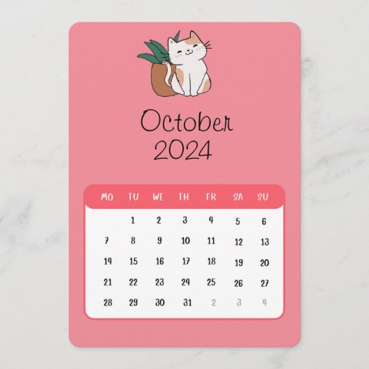 Oktober 2024 Stand Alone Kat en Plant Kalender Menu (Voorkant)