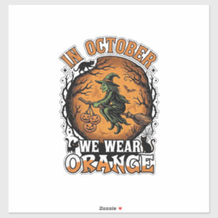 Oktober dragen we oranje vliegende heks pompoenen sticker