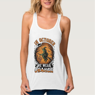 Oktober dragen we oranje vliegende heks pompoenen tanktop