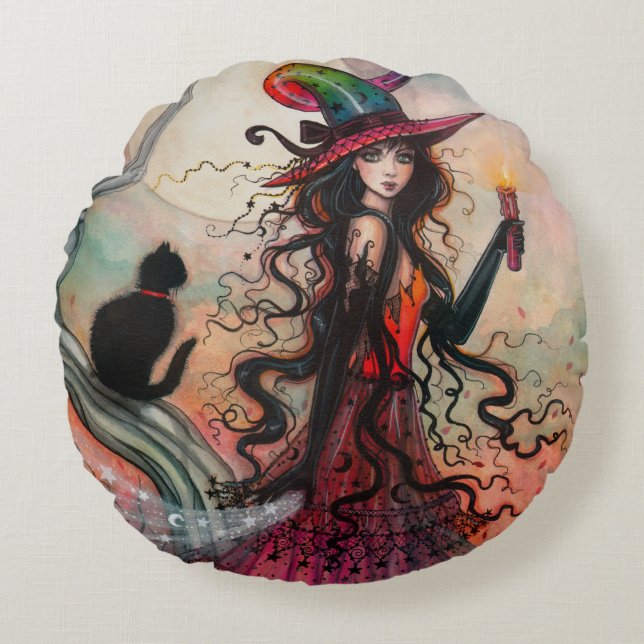 Oktober Flame Halloween Witch en Black Cat Art Rond Kussen (Voorkant)