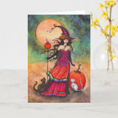 Oktober Maan Halloween Heksen en Katten Illustrati Kaart (Gele Bloem)