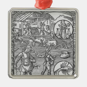 oktober, zaaien, ploegen en dorsen; metalen ornament