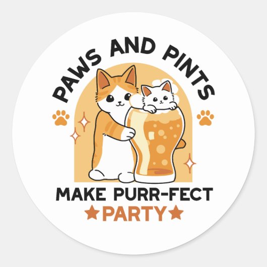 Oktoberfest Cat Party Paws en Pints Ronde Sticker (Voorkant)