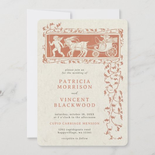 Old Book Cupid's Carriage Wedding Invitation Kaart (Voorkant)