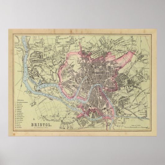 Old Bristol UK Map (1872) Poster (Voorkant)