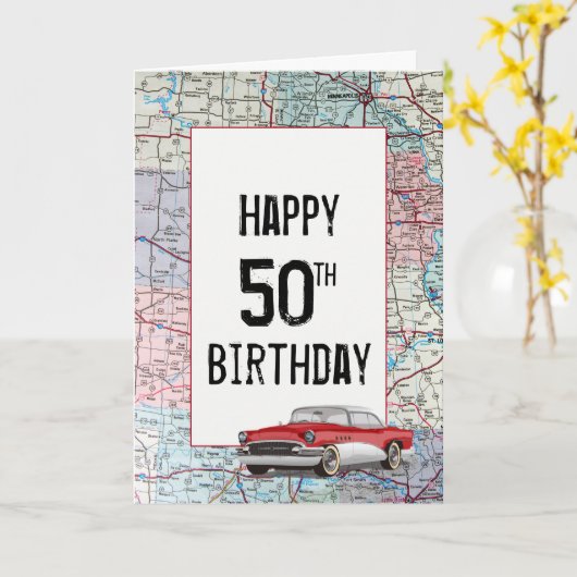 Old Car on Road Map 50th Birthday Kaart (Gele Bloem)