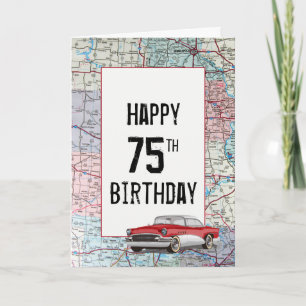 Old Car on Road Map 75th Birthday Kaart