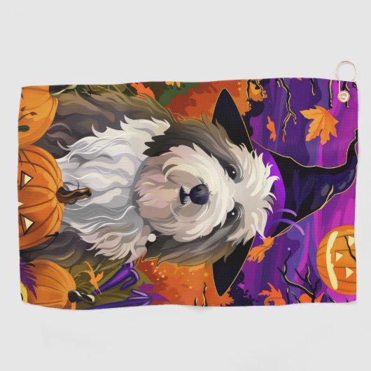 Old English Sheepdog Halloween Heksenpompoen Golfhanddoek (Horizontaal)