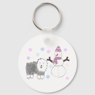 Old English Sheepdog & Snowman Sleutelhanger