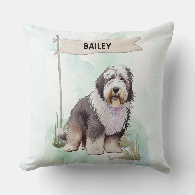 Old English Sheepdog Watercolor Personalized Dog Kussen (Voorkant)