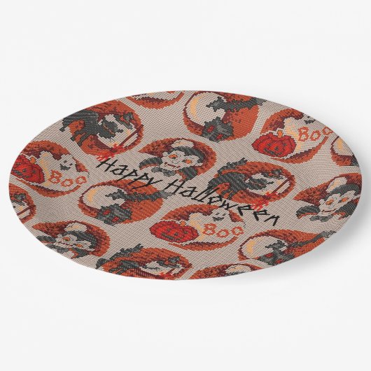 Old Fashion Halloween Faux Cross-Stitch Borden Papieren Bordje (Gekanteld)