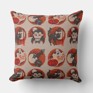 Old Fashion Halloween Faux Cross-Stitch Pillow Kussen