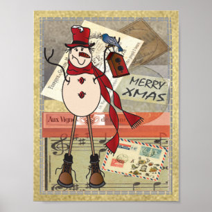 Old Fashion Red Snowman Christmas Poster