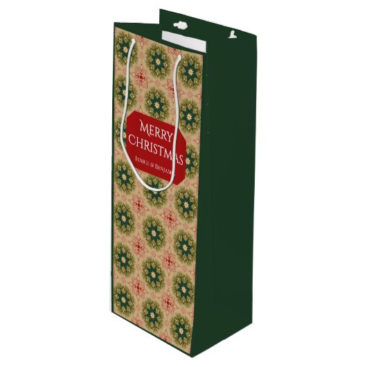 Old-fashioned Green Pine Red Lace Christmas Wijn Cadeautas (Voorkant Gekanteld)